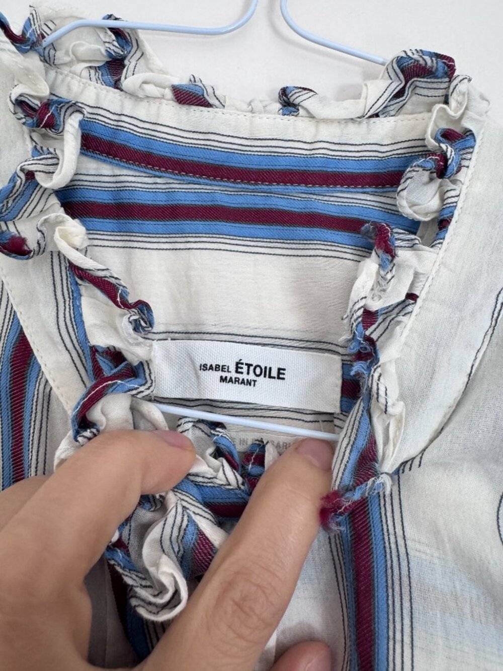 Isabel Marant Etoile Striped Ruffle Collar Blouse White Blue Top FR 34 - Picture 7 of 8